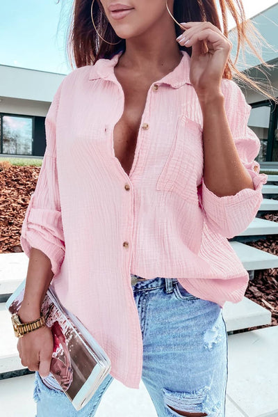 Pink Crinkle Roll-tab Sleeve Button Up