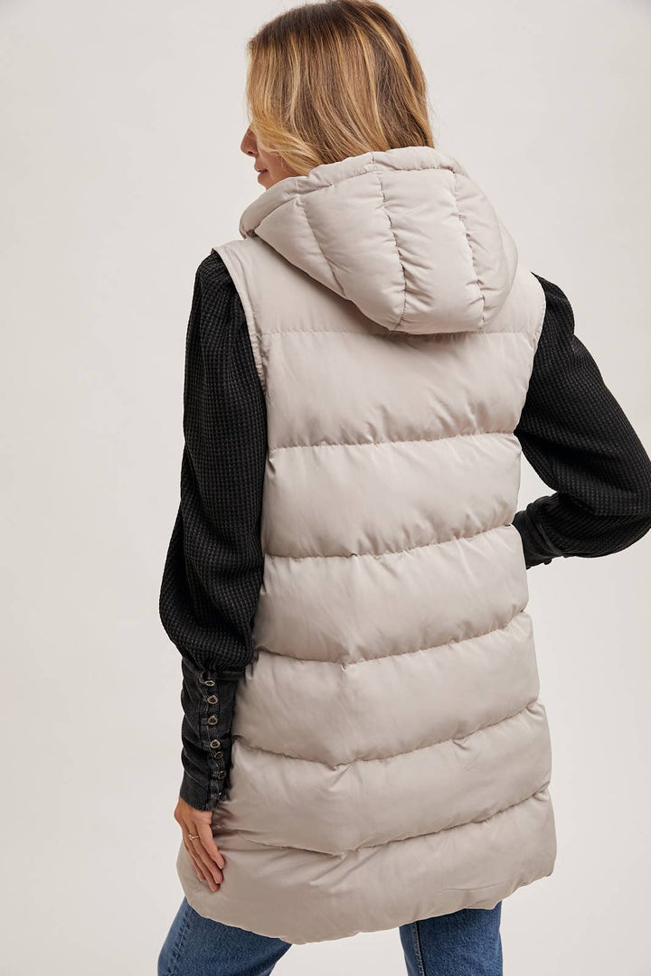 HOODED ZIPPER LONGLINE PUFFER VEST