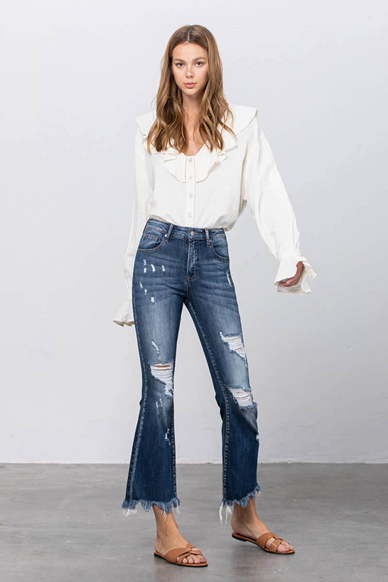 High Stretch Mid Rise Crop Flare Jeans