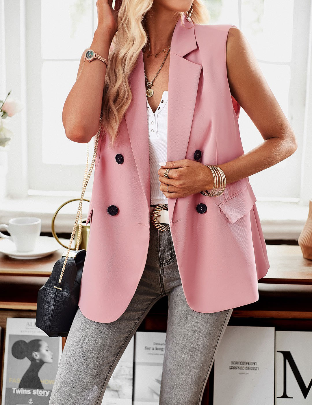 TAKING CHARGE Pink Double Breasted Blazer Vest