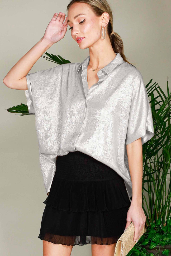 Collared Neck Button Down Metallic Woven Blouse