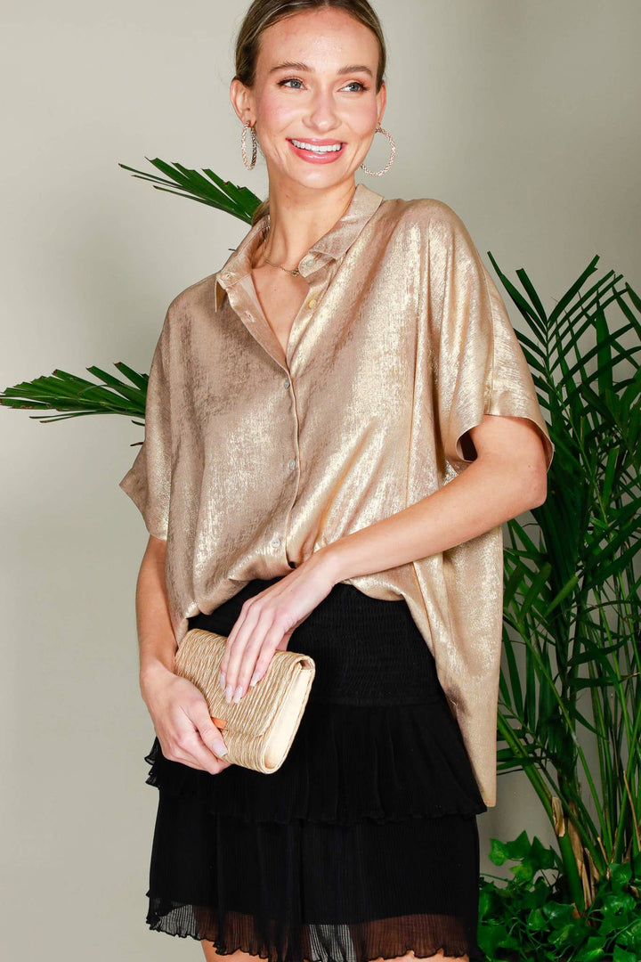 Collared Neck Button Down Metallic Woven Blouse