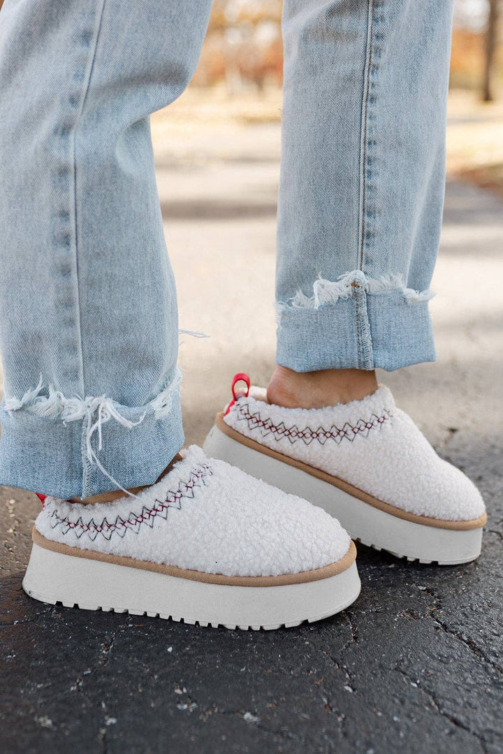 Embroidered Sherpa Plush Thick Sole Slippers