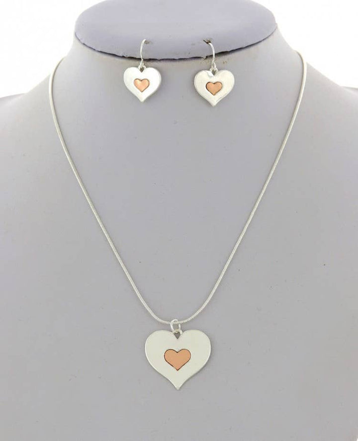 Silver/Rose gold Heart in Heart Pendant Set