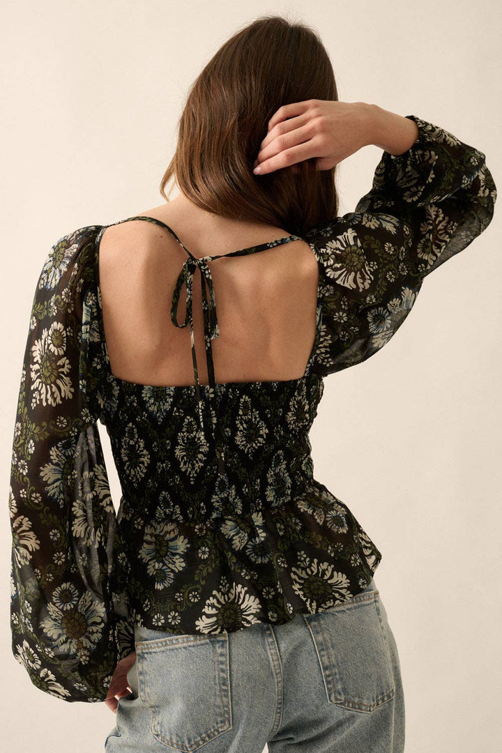 Floral V-Neck Sheer Gather-Bodice Blouse