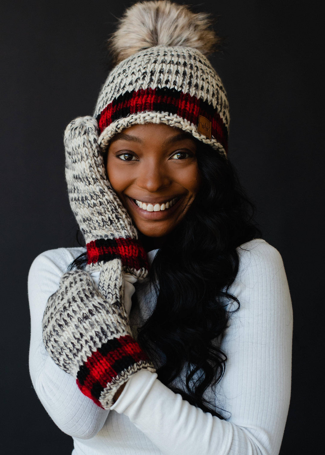 Gray Heather Mittens w/ Red Plaid Trim