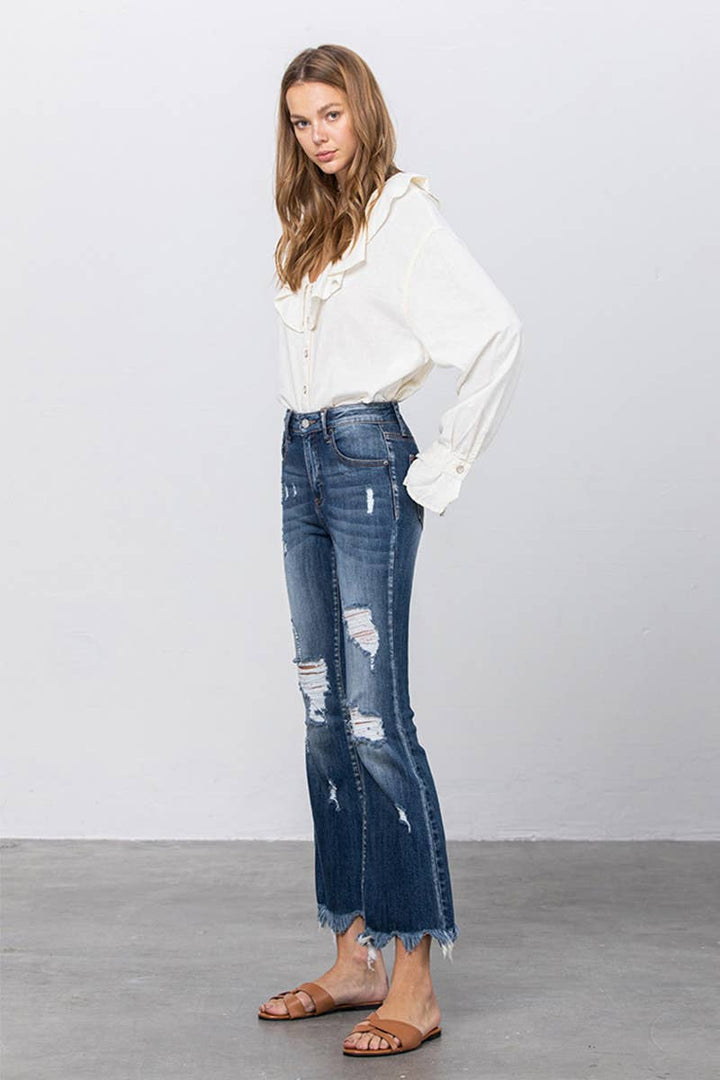 High Stretch Mid Rise Crop Flare Jeans