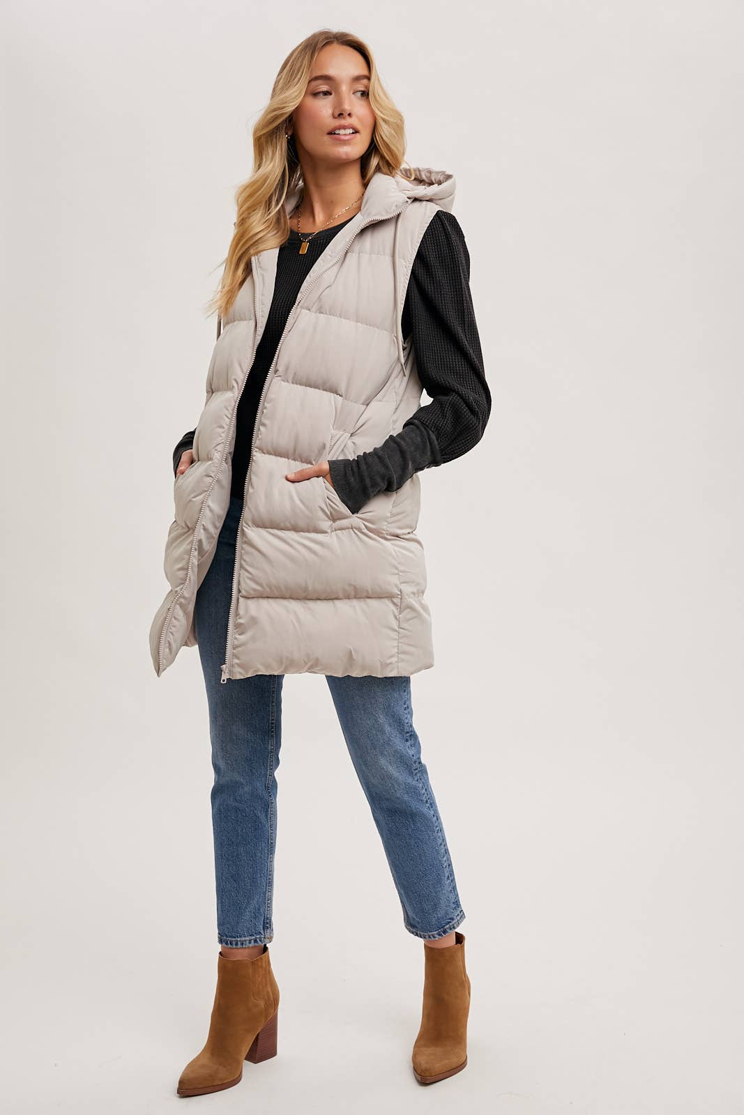 HOODED ZIPPER LONGLINE PUFFER VEST