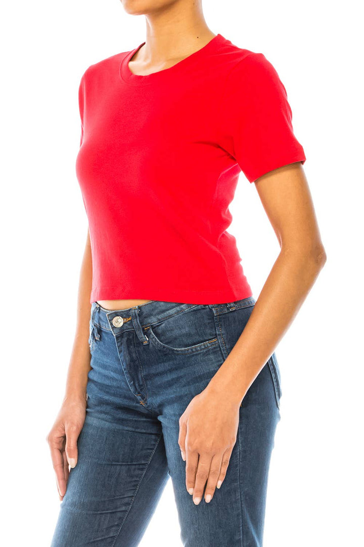 Red color cotton lycra crop short sleeve tee