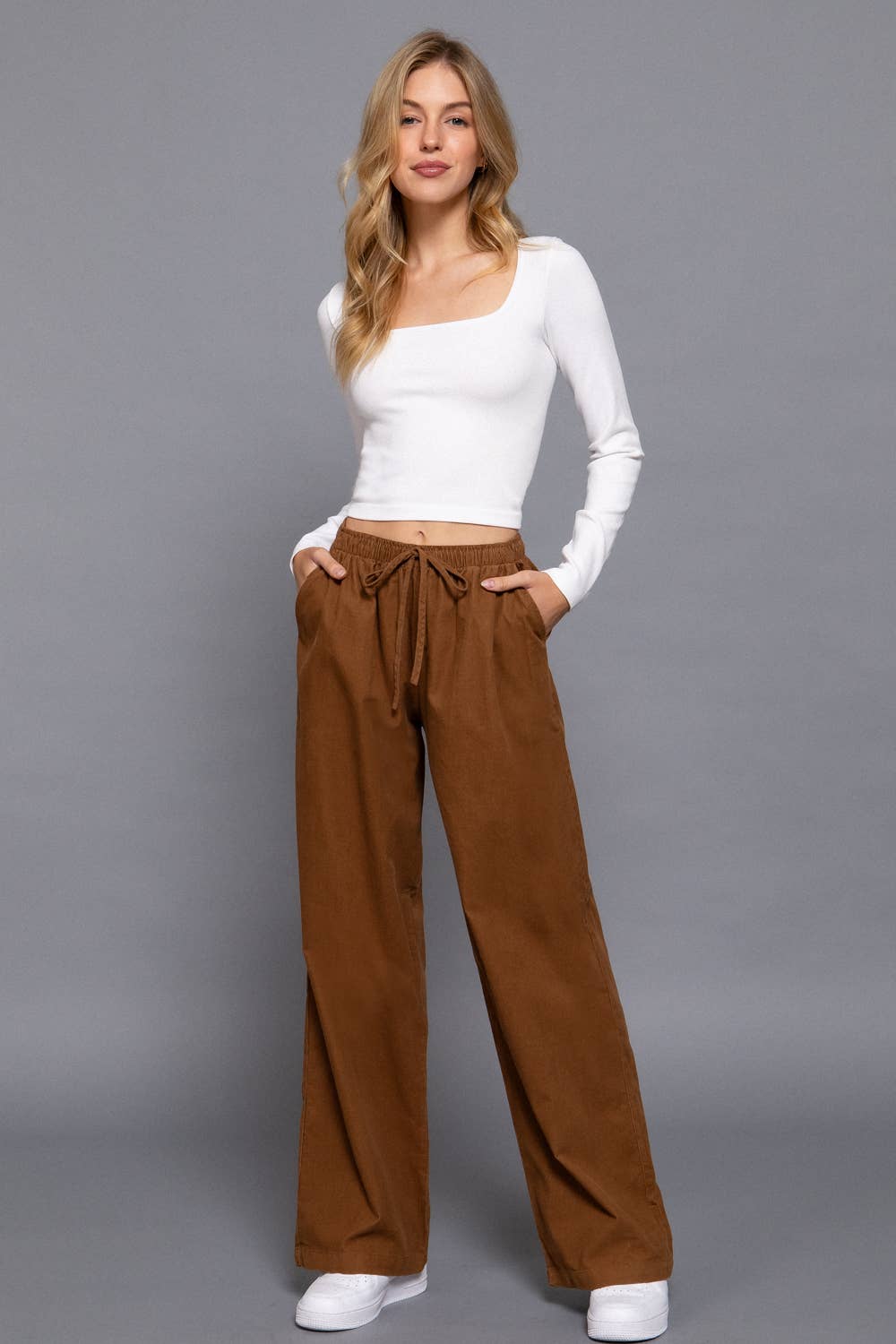 Elastic Waist Corduroy Long Pants