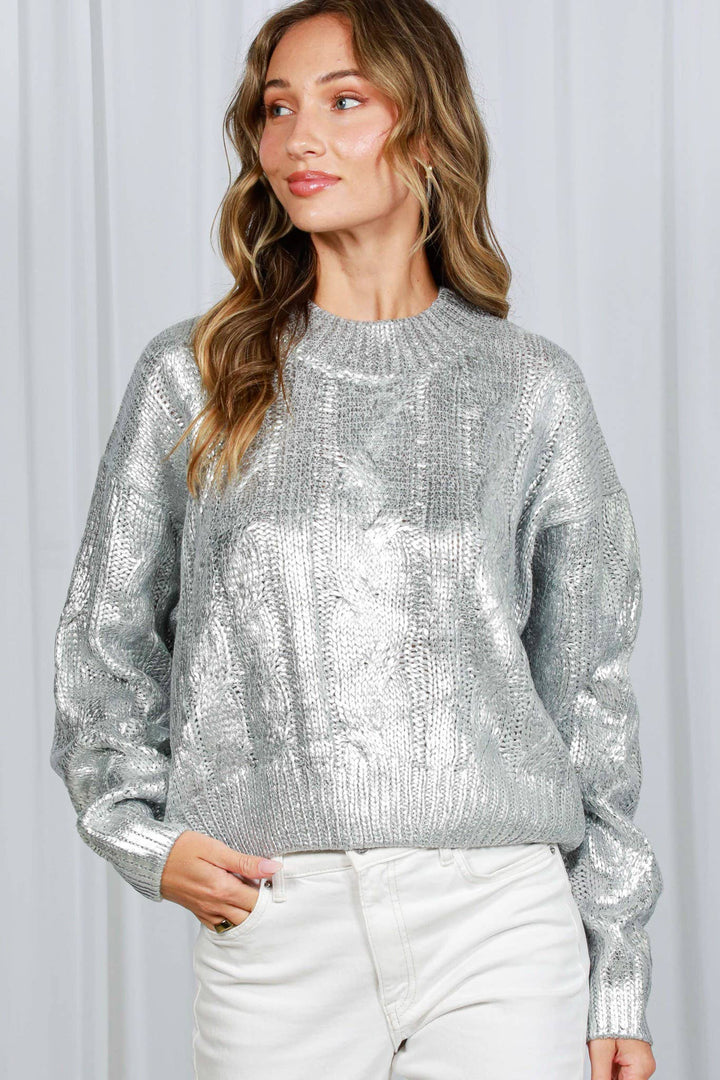 Metallic Foil Cable Knitted Crew Neck Sweater