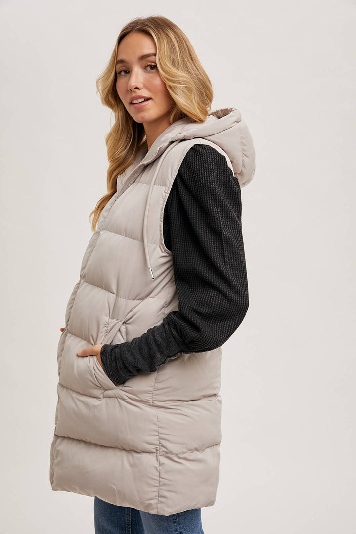 HOODED ZIPPER LONGLINE PUFFER VEST