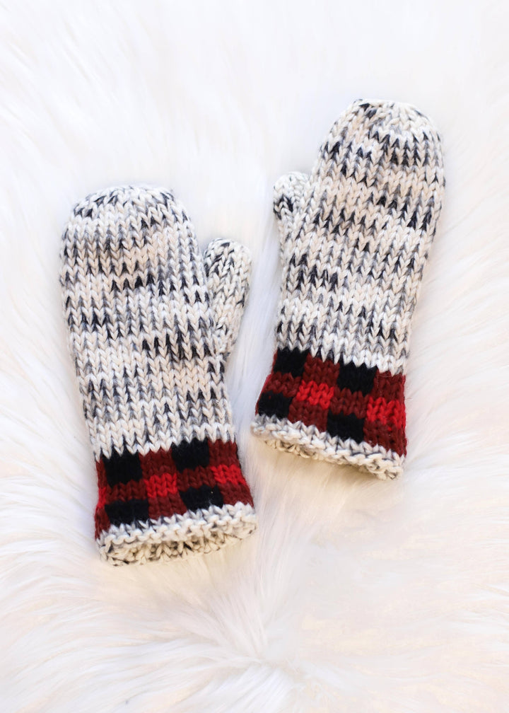 Gray Heather Mittens w/ Red Plaid Trim