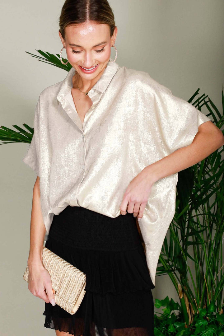 Collared Neck Button Down Metallic Woven Blouse