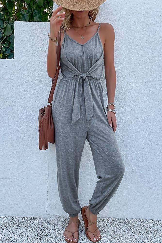 Solid Color Tie Front One Piece Jumpsuit