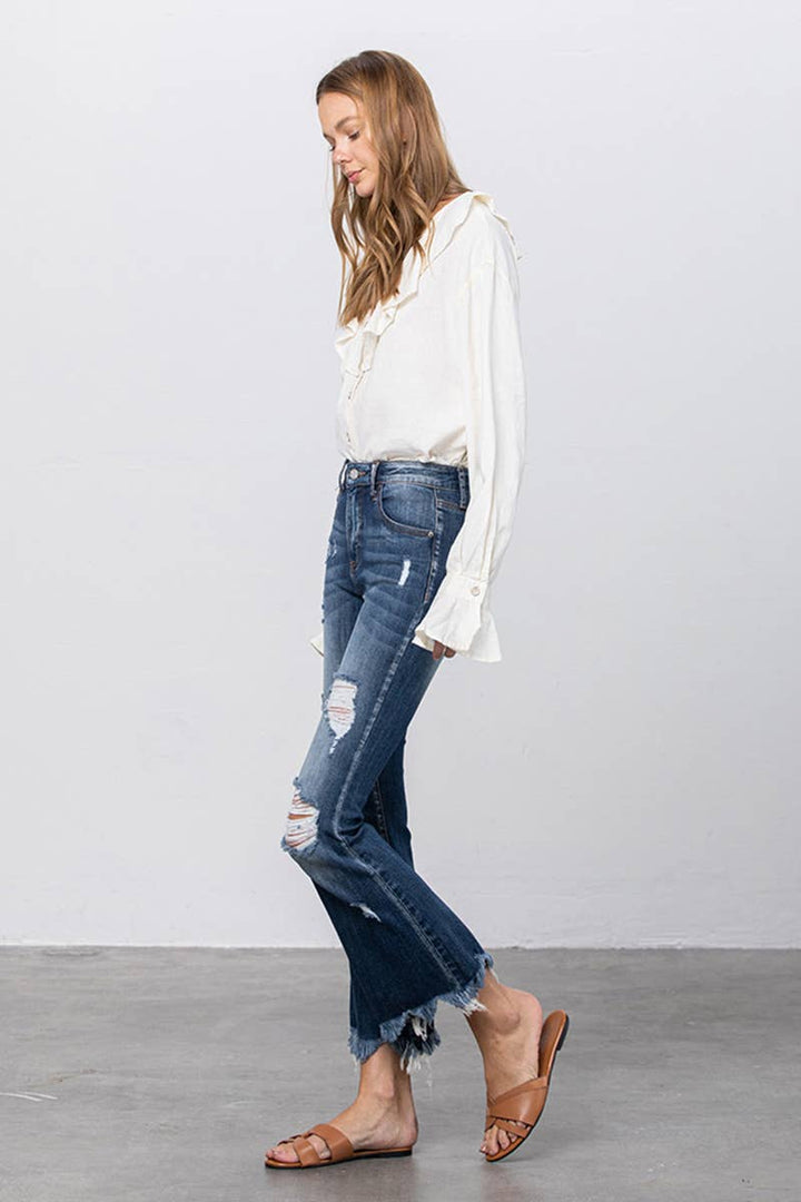 High Stretch Mid Rise Crop Flare Jeans