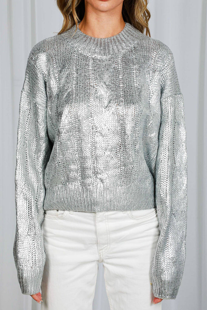 Metallic Foil Cable Knitted Crew Neck Sweater