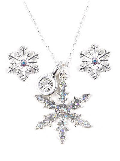 Glitter Silver Snowflake Crystal Charm Pendant Set