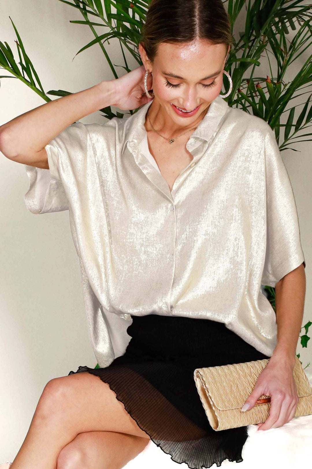 Collared Neck Button Down Metallic Woven Blouse