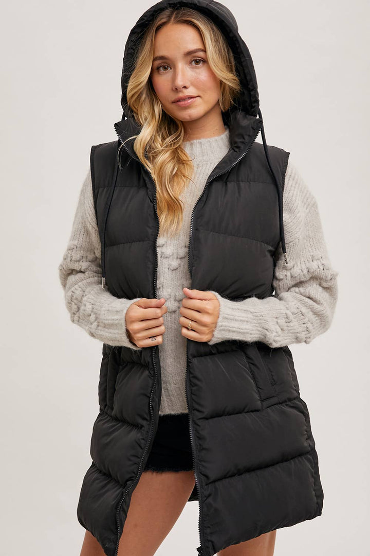 HOODED ZIPPER LONGLINE PUFFER VEST