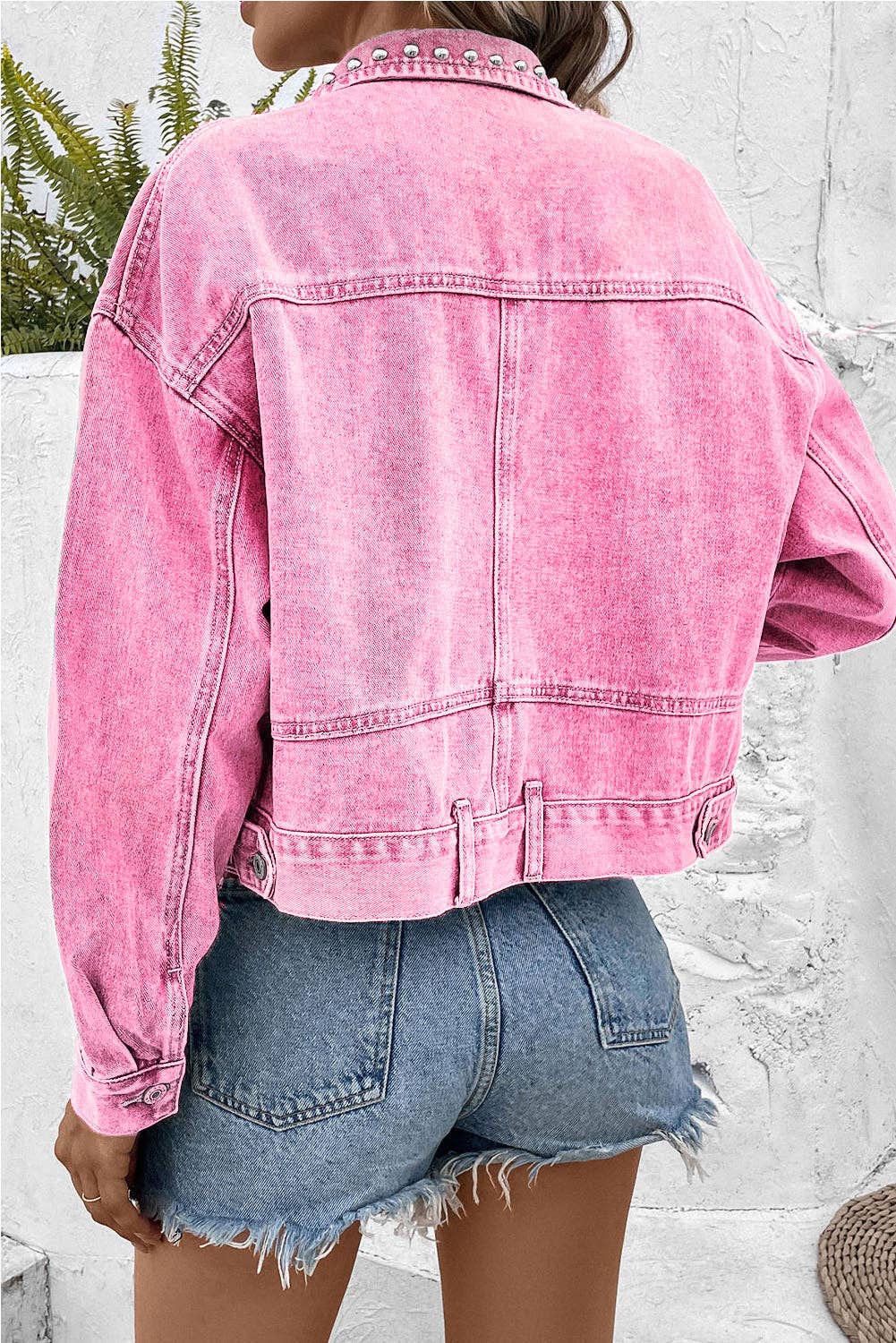 Pink Rivet Studded Pocketed Denim Jacket