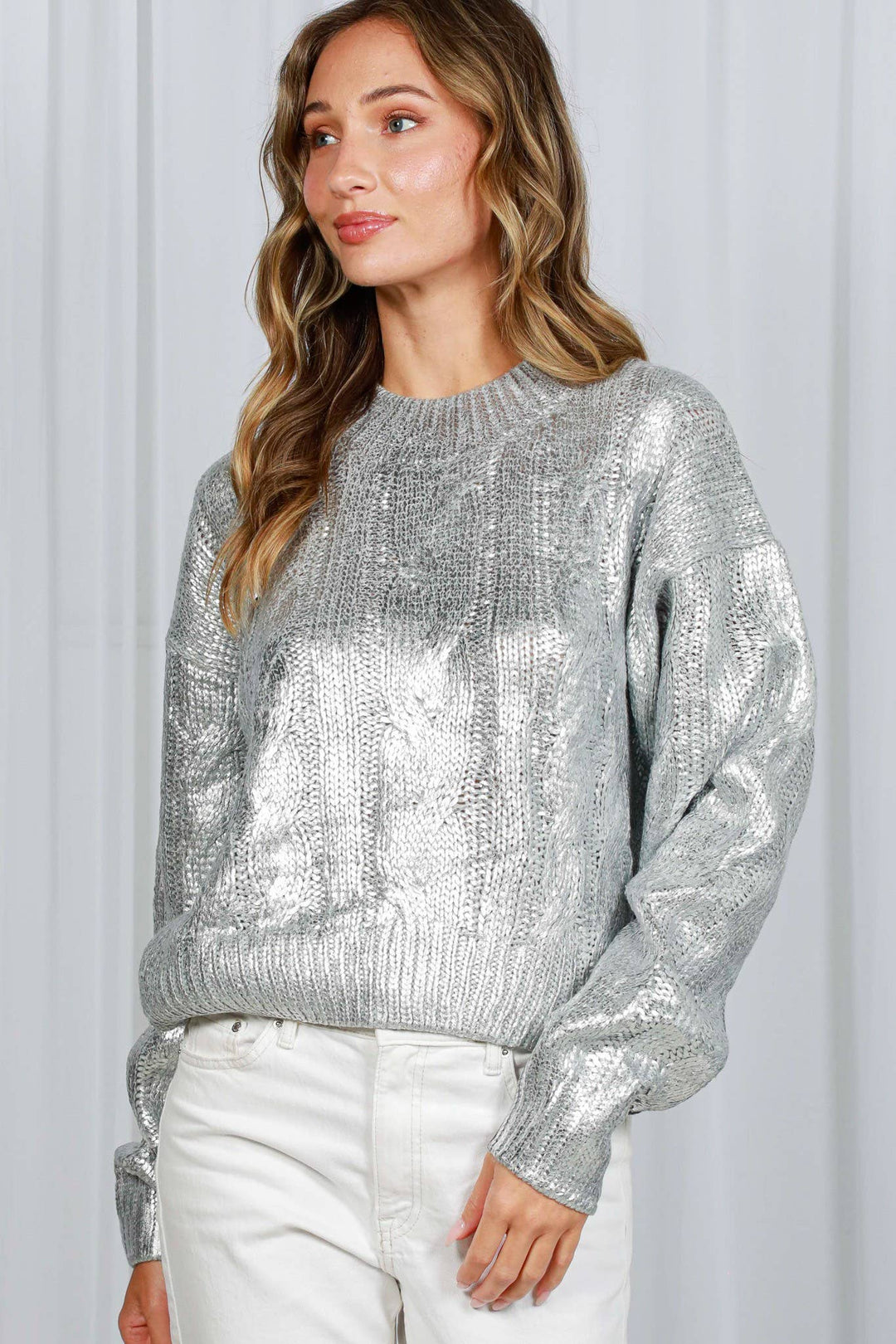 Metallic Foil Cable Knitted Crew Neck Sweater