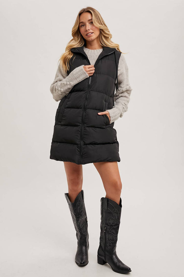 HOODED ZIPPER LONGLINE PUFFER VEST