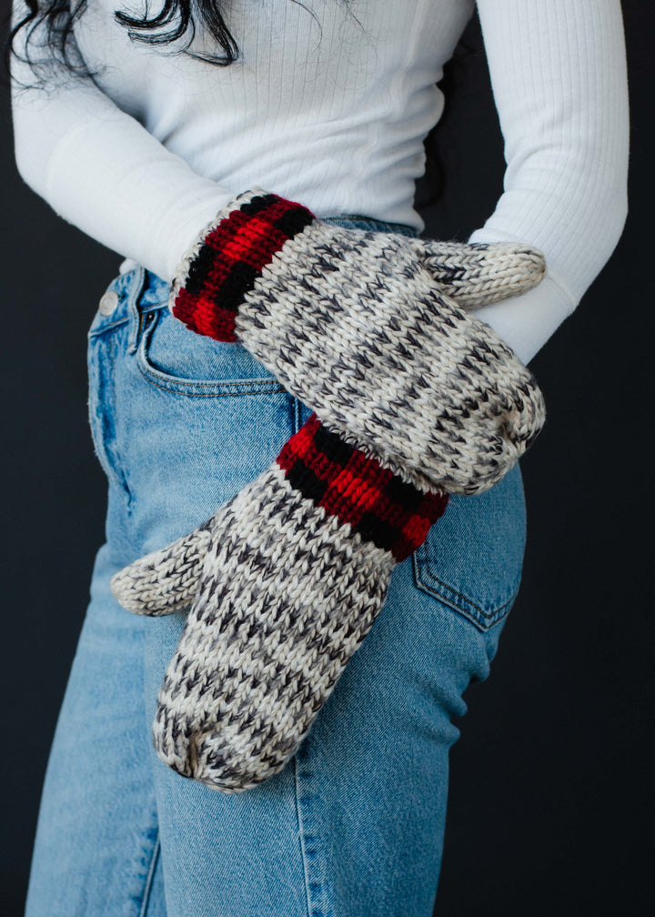 Gray Heather Mittens w/ Red Plaid Trim