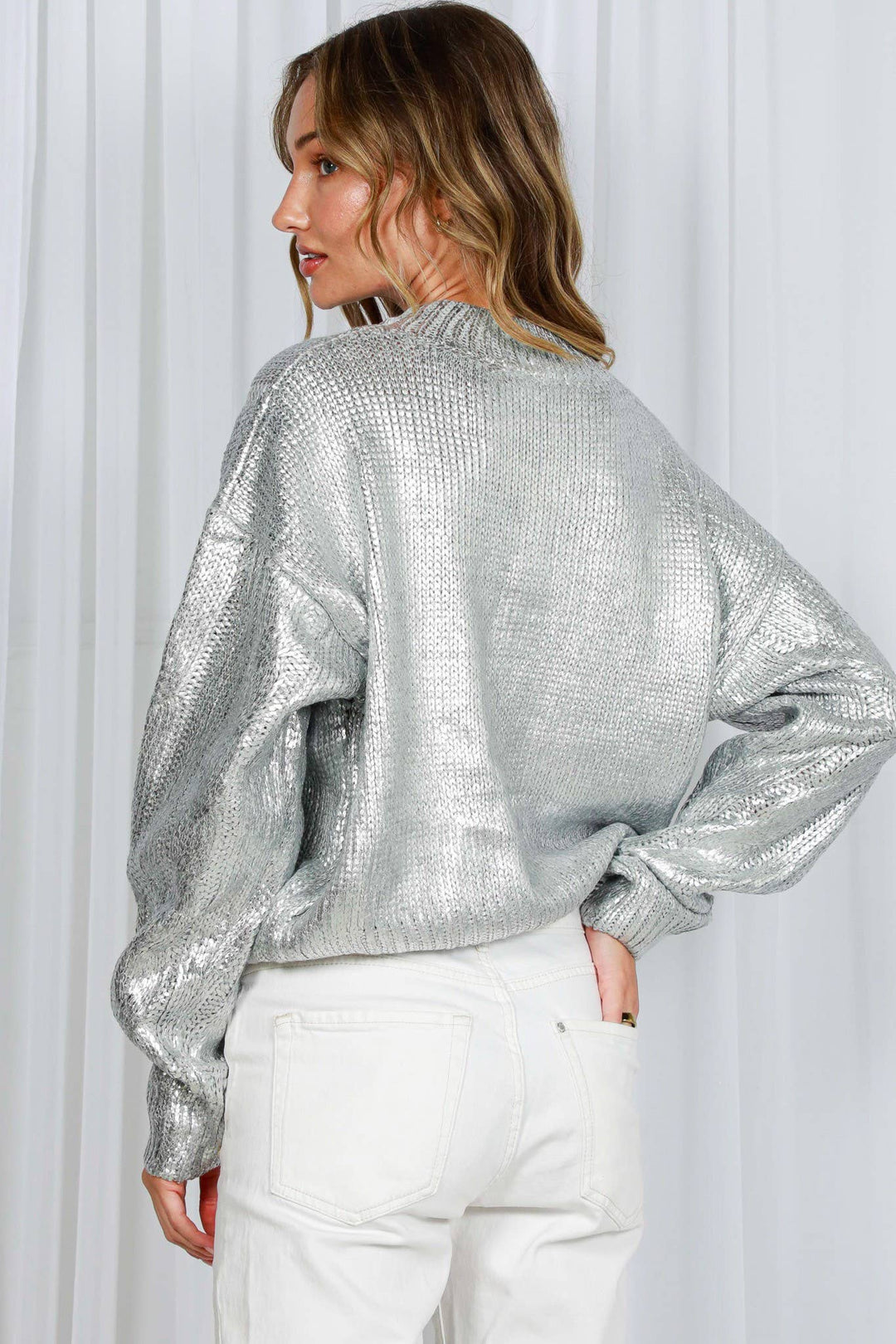 Metallic Foil Cable Knitted Crew Neck Sweater