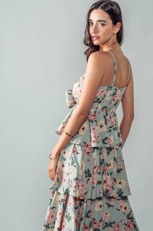 Floral Cake Midi Dress - Tie Front