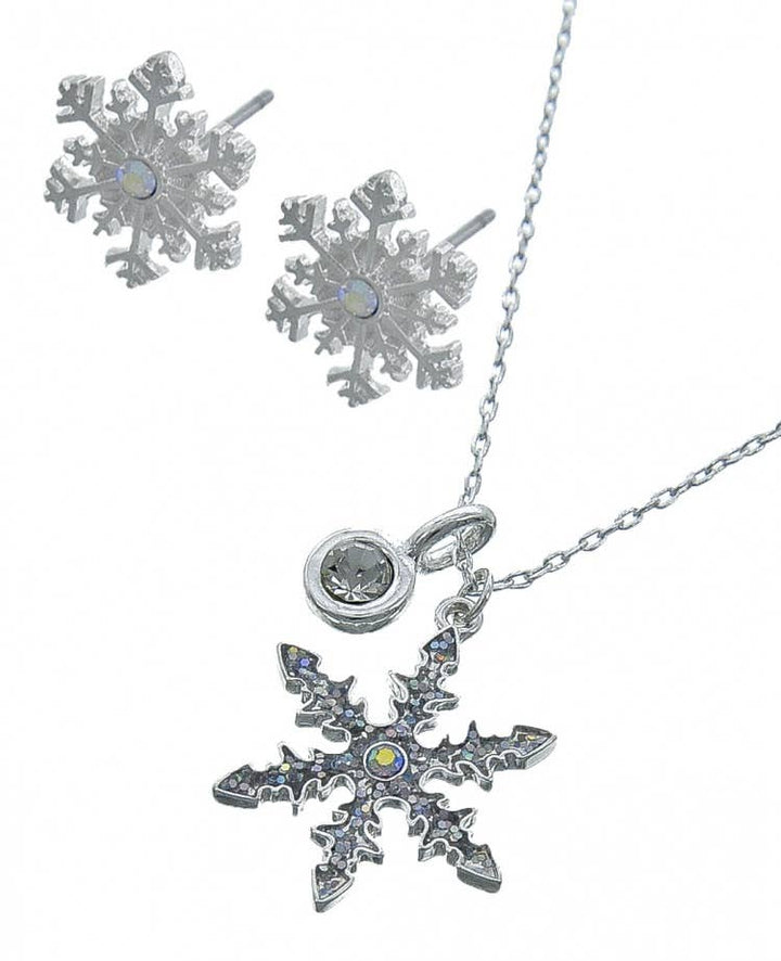 Glitter Silver Snowflake Crystal Charm Pendant Set