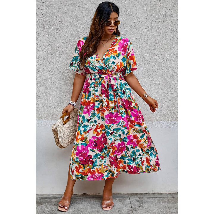 Curvy Floral Print Cross Belt Fit Dress