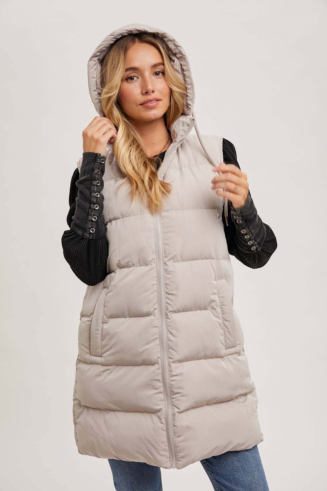 HOODED ZIPPER LONGLINE PUFFER VEST