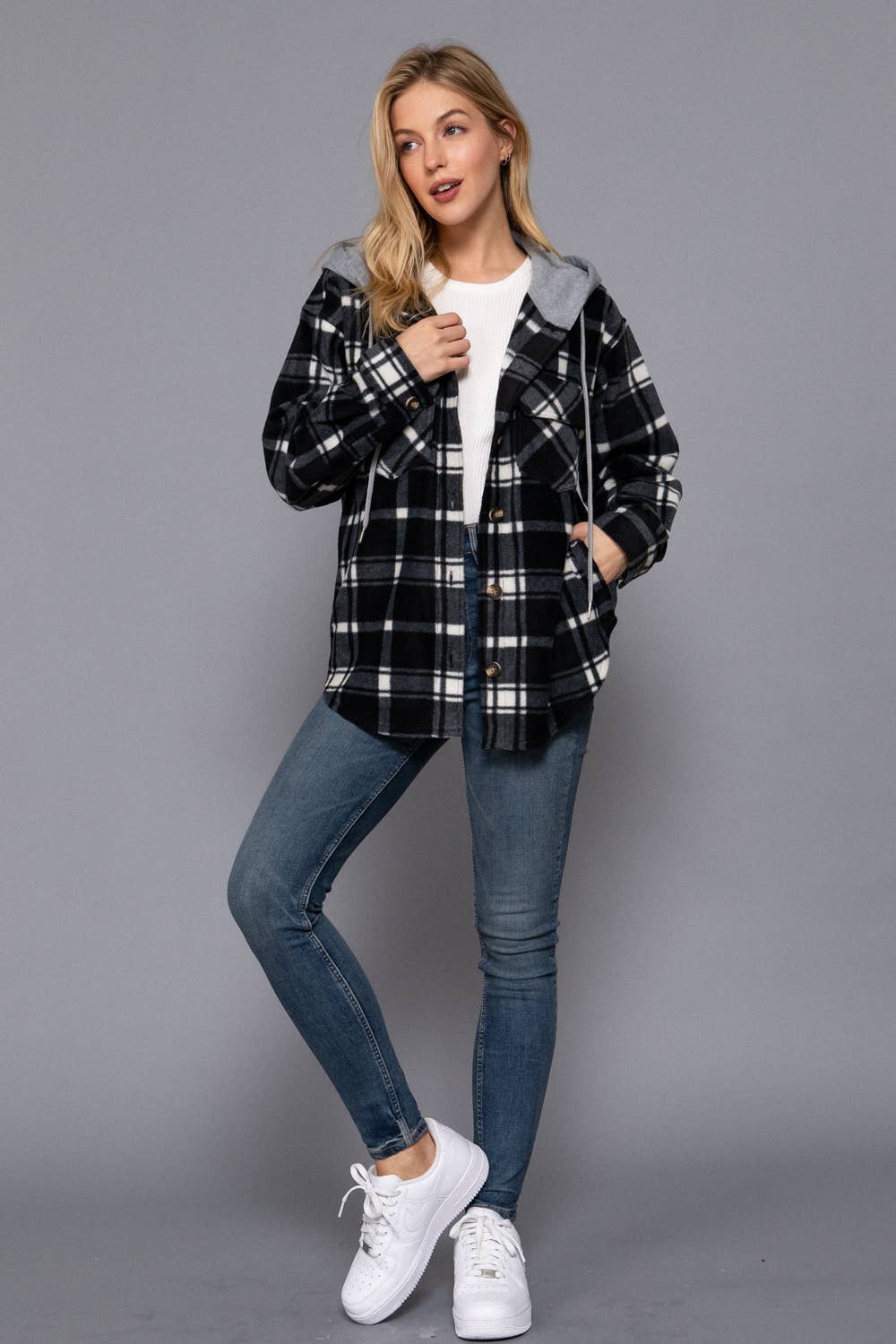 Plaid Shacket with Hoodie Fleece Jacket