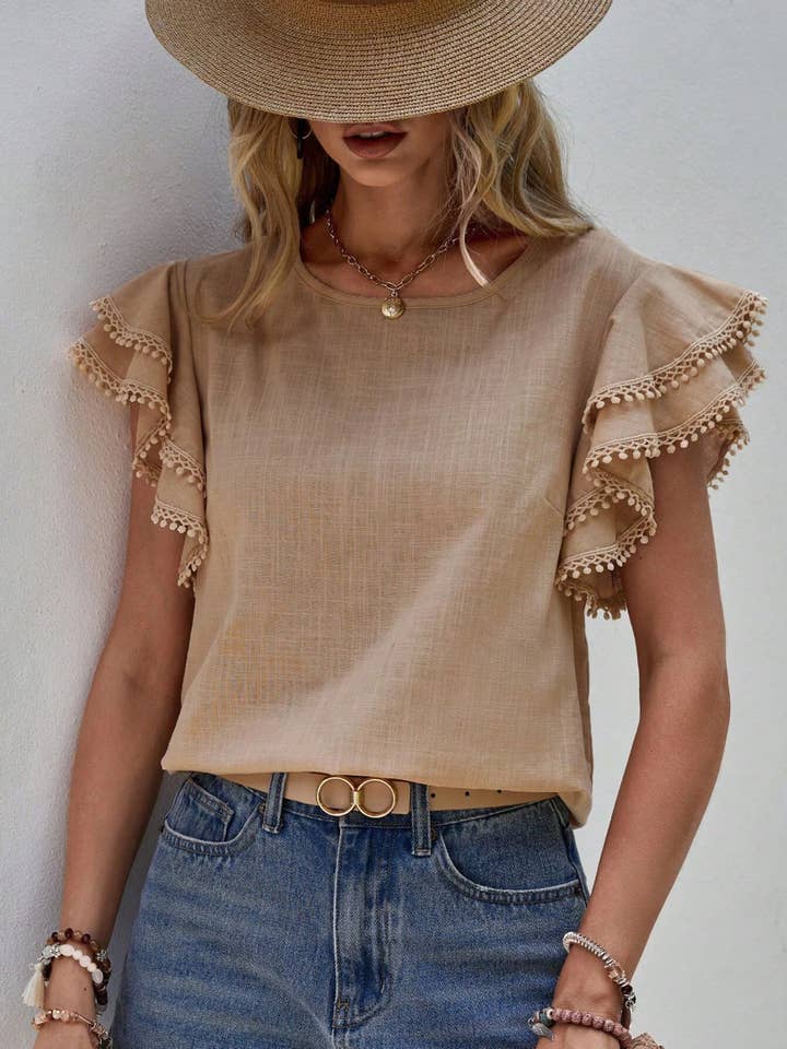 Round Neck Loose Ruffle Short Sleeved Top