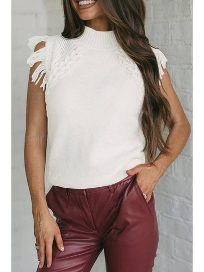 Cable Fringe Mock Neck Sweater Top