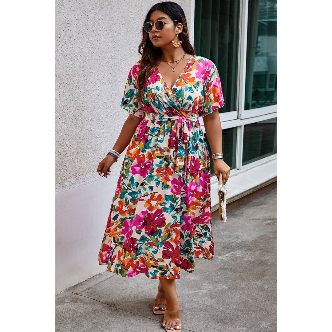 Curvy Floral Print Cross Belt Fit Dress