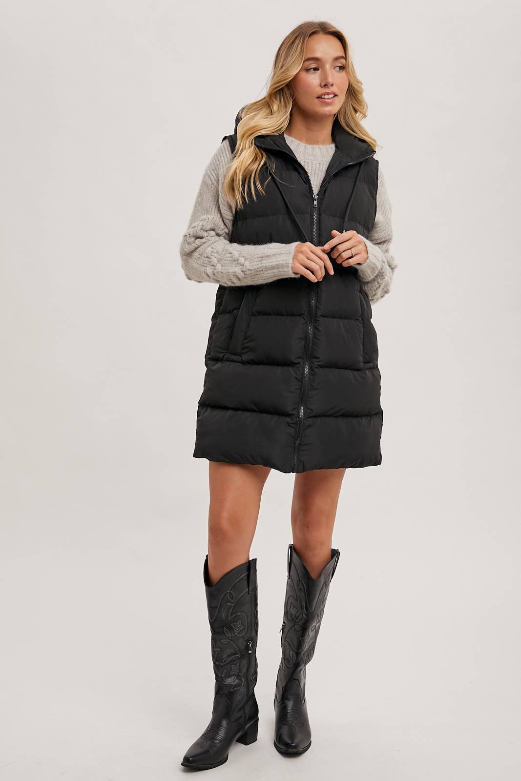 HOODED ZIPPER LONGLINE PUFFER VEST