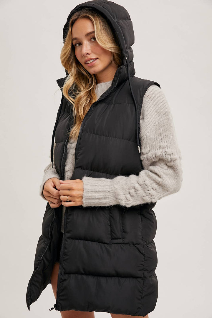 HOODED ZIPPER LONGLINE PUFFER VEST