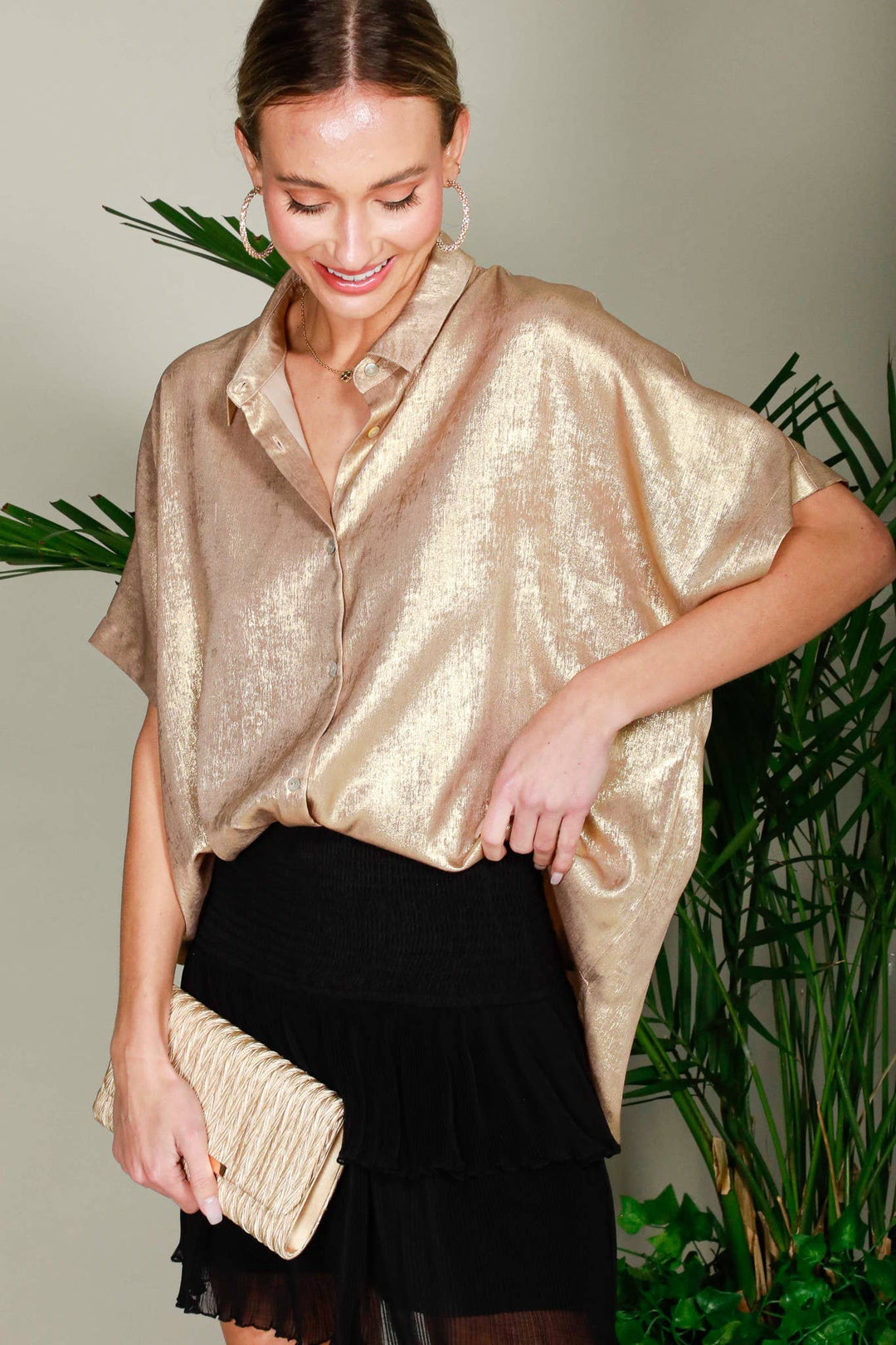 Collared Neck Button Down Metallic Woven Blouse