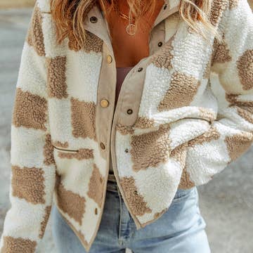 Brown Checked Snap Button Sherpa Jacket