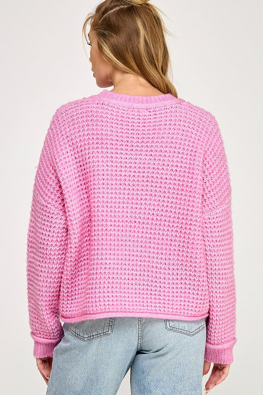 Crew Neck Waffle Knit Sweater